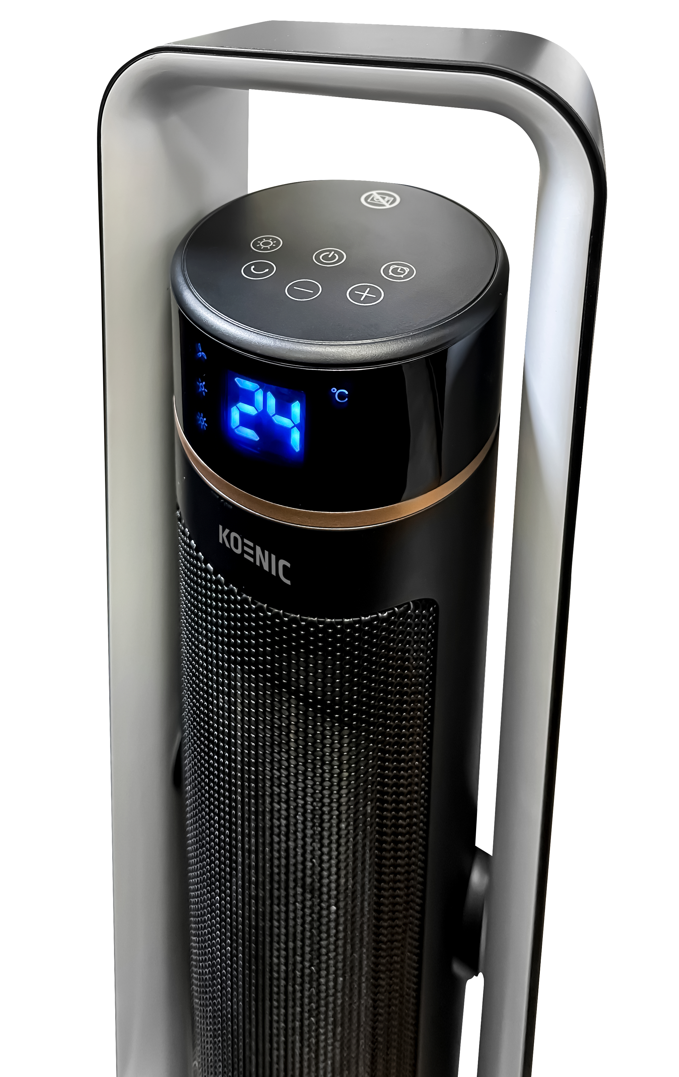 Ein schwarzer und silberner Koenic-Turmheizer mit digitaler Anzeige 24.