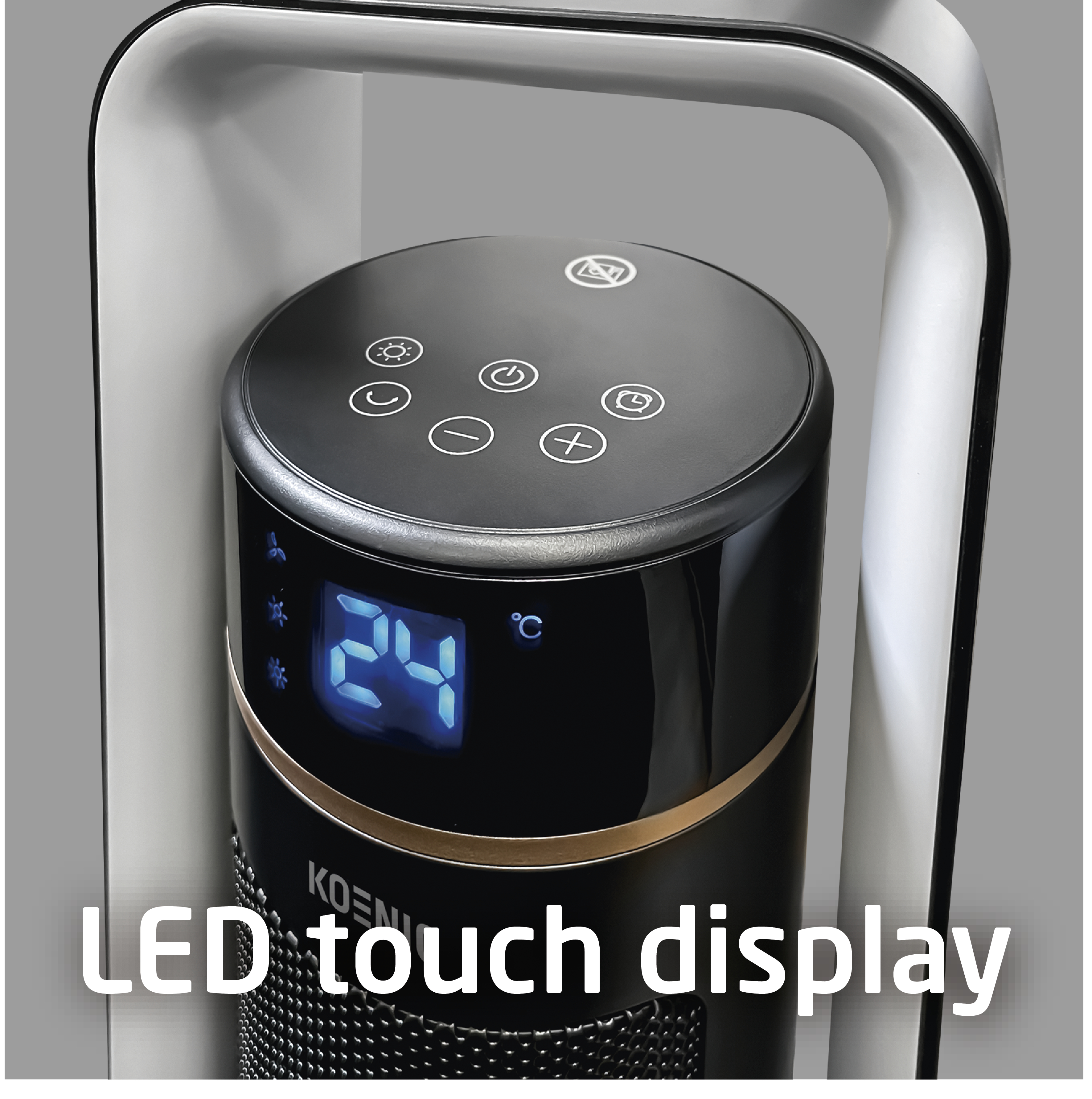 Ein schwarzer und goldfarbener Turmventilator mit blauem LED-Touch-Display.