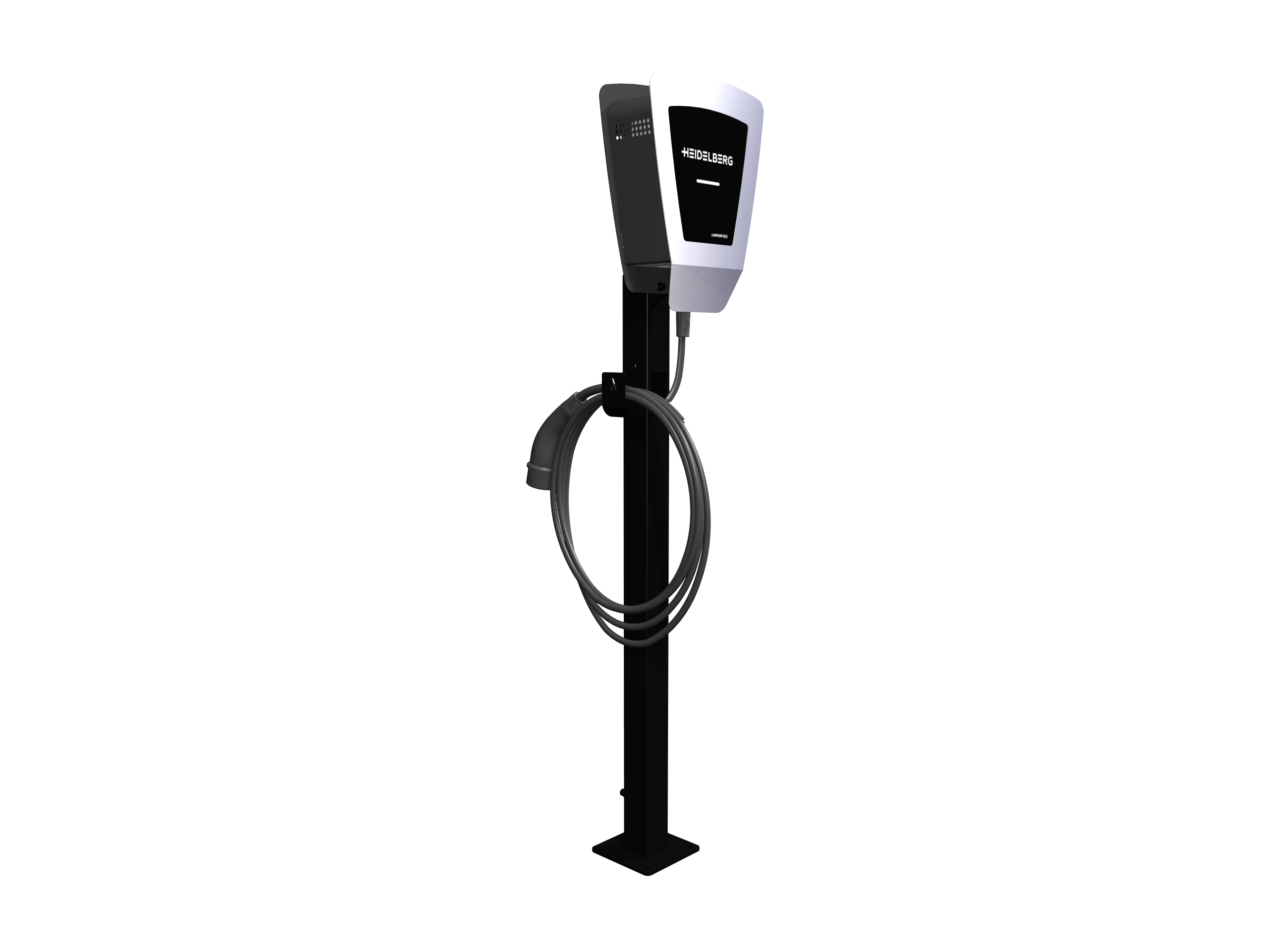 Ladestation für Elektroautos. Schwarze Basis mit Kabel. Weißes Display. Schwarzer Hintergrund.