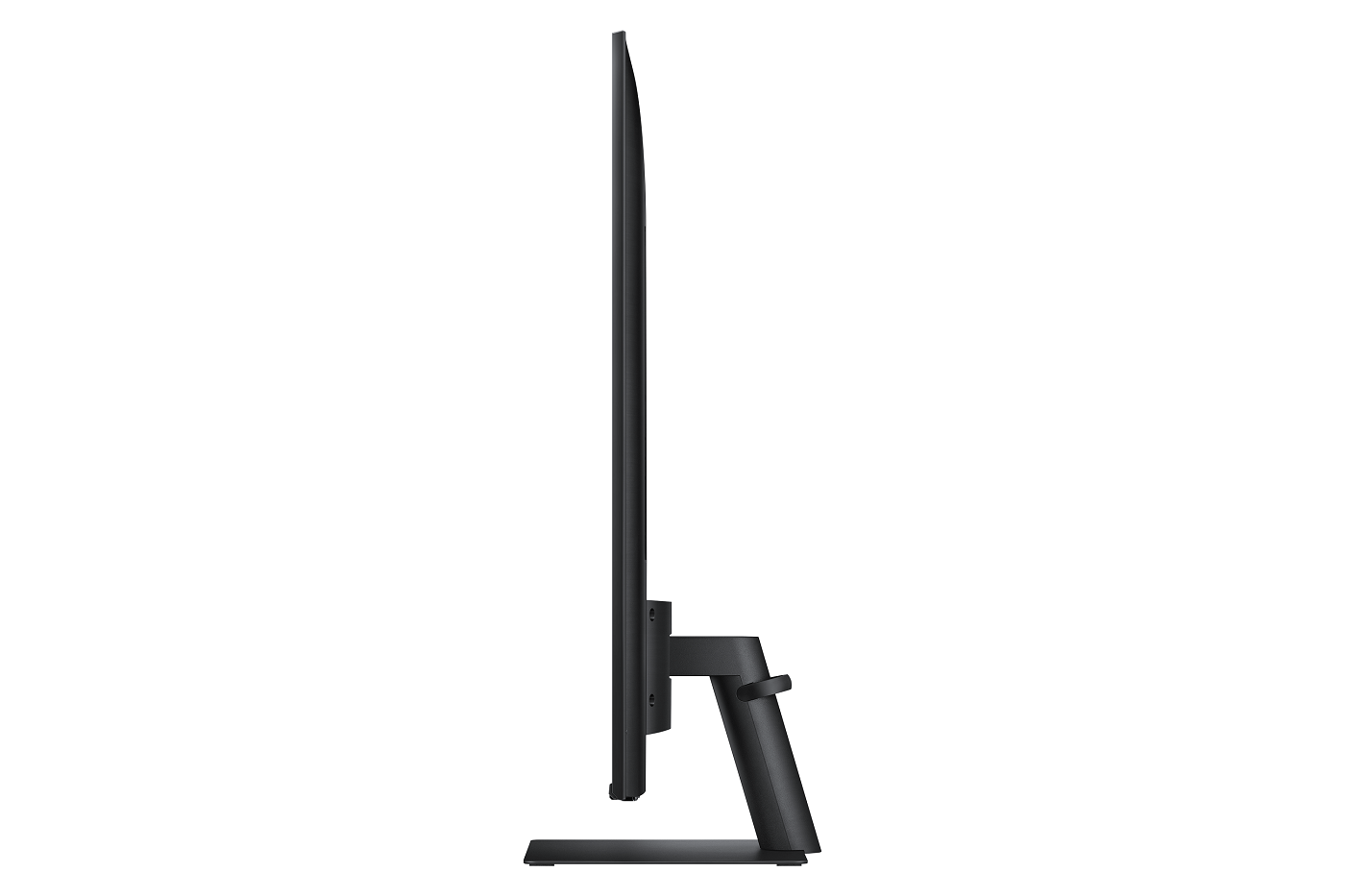 Siyah, ince bir TV yandan görülüyor. Bir standı ve dikdörtgen bir tabanı var. Arka plan beyaz.