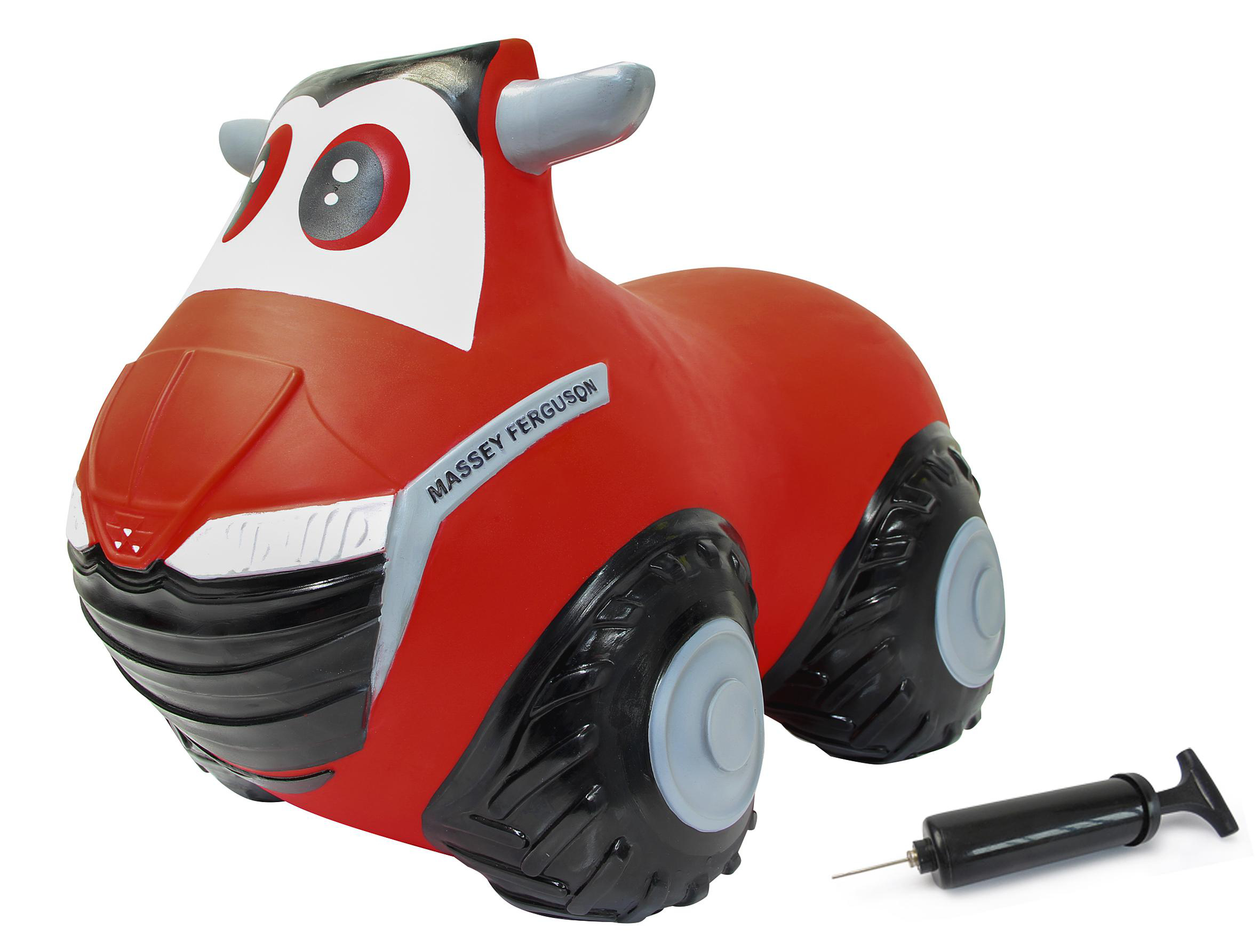 Ein roter Massey Ferguson Spielzeugtraktor mit schwarzen Reifen und einer Pumpe.