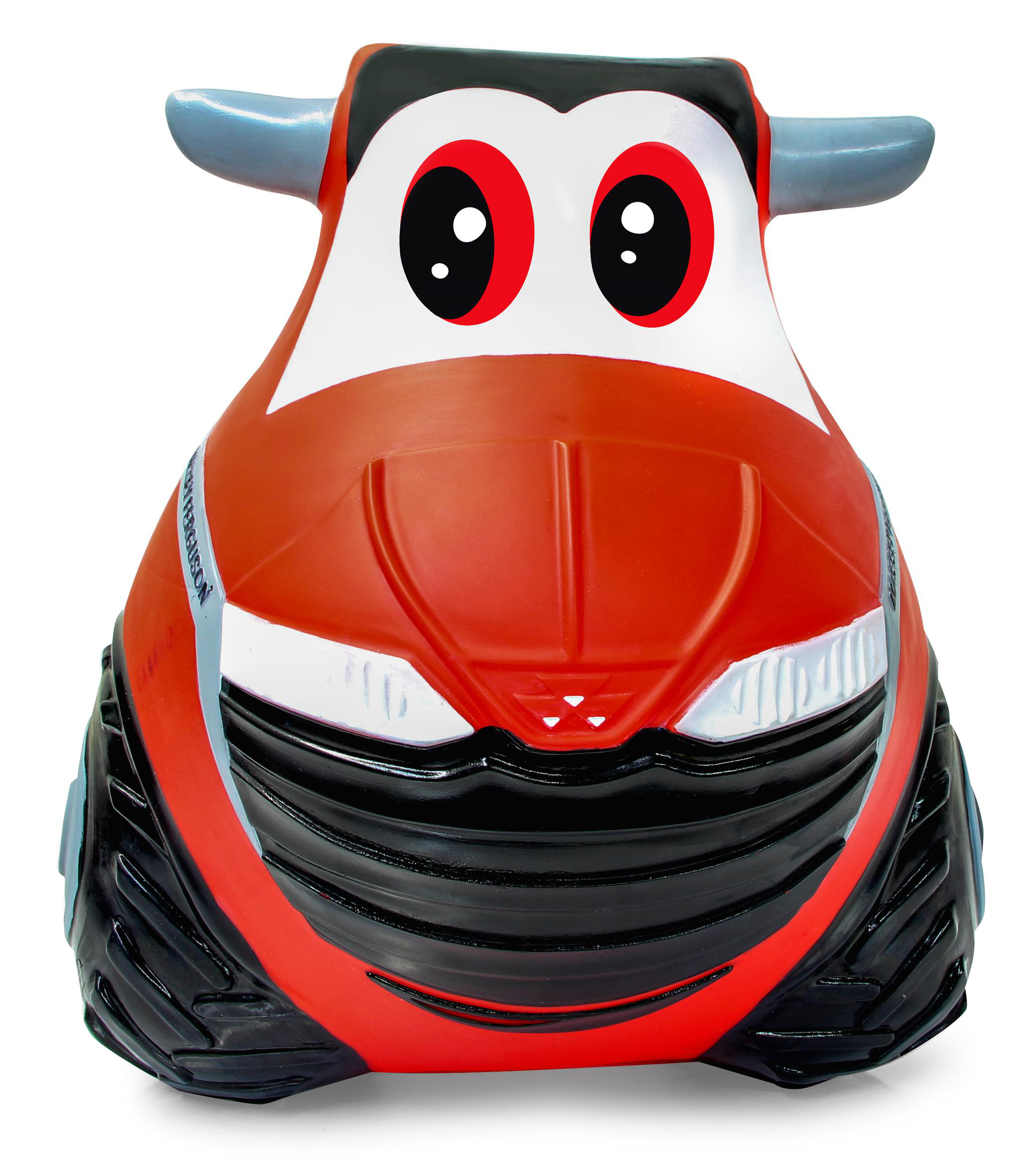 Rotes und schwarzes Spielzeugauto mit großen Augen, blauen Hörnern und einem weißen Streifen.