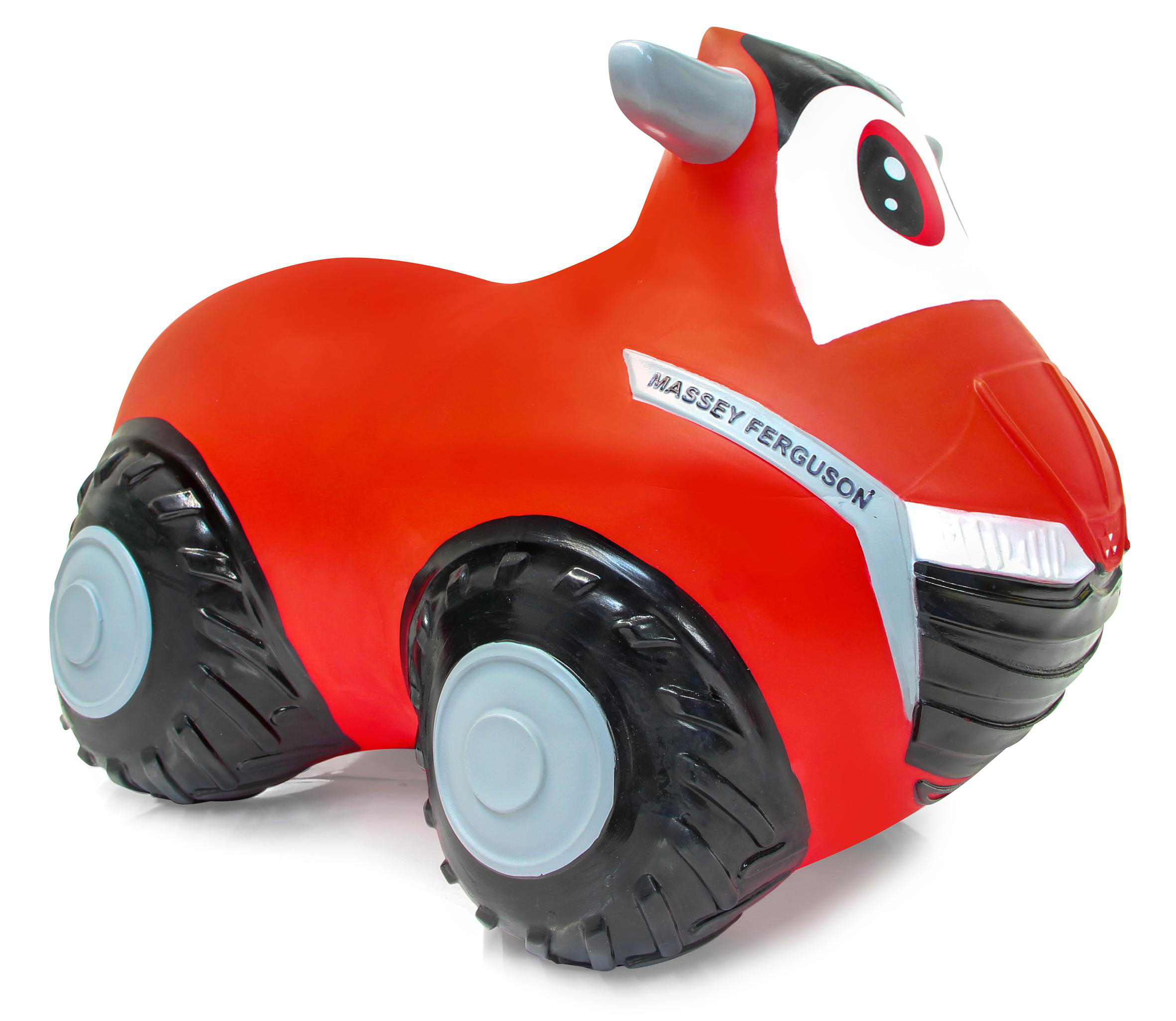Roter und schwarzer Massey Ferguson Spielzeugtraktor auf weißem Grund.