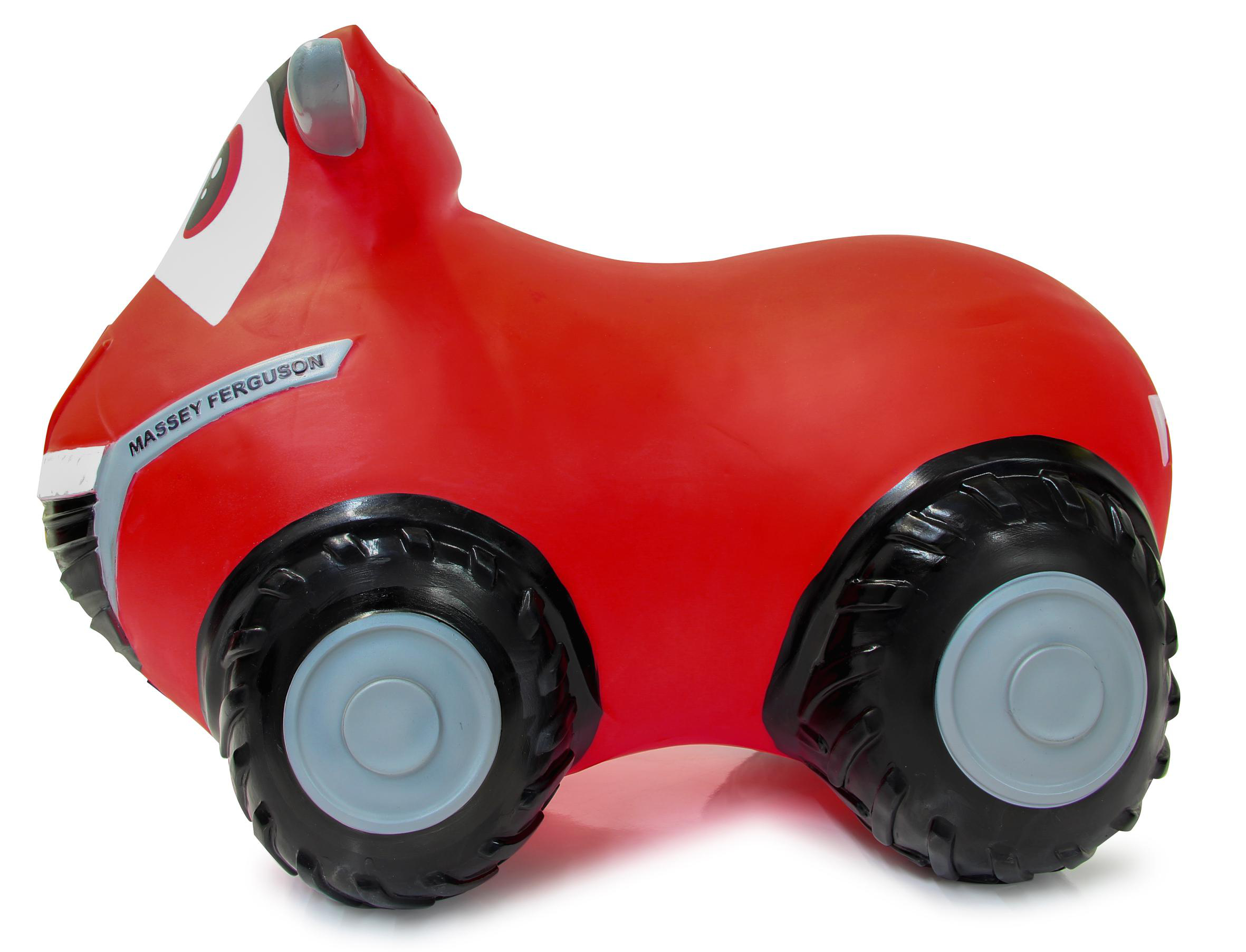 Ein rotes Massey Ferguson Traktor-förmiges Spielzeug mit schwarzen Rädern und weißem Hintergrund.