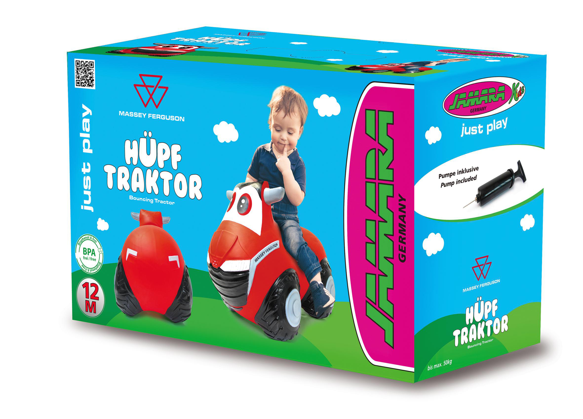 Karton eines roten Spielzeugtraktors mit Kind darauf. Blauer und weißer Hintergrund.