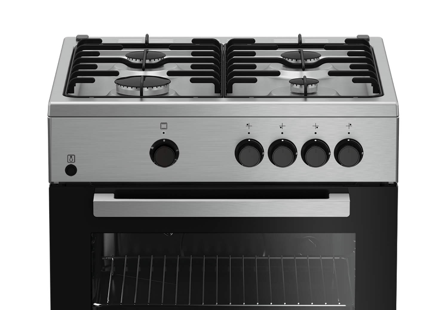 Una estufa de gas de acero inoxidable con cuatro quemadores y horno debajo.