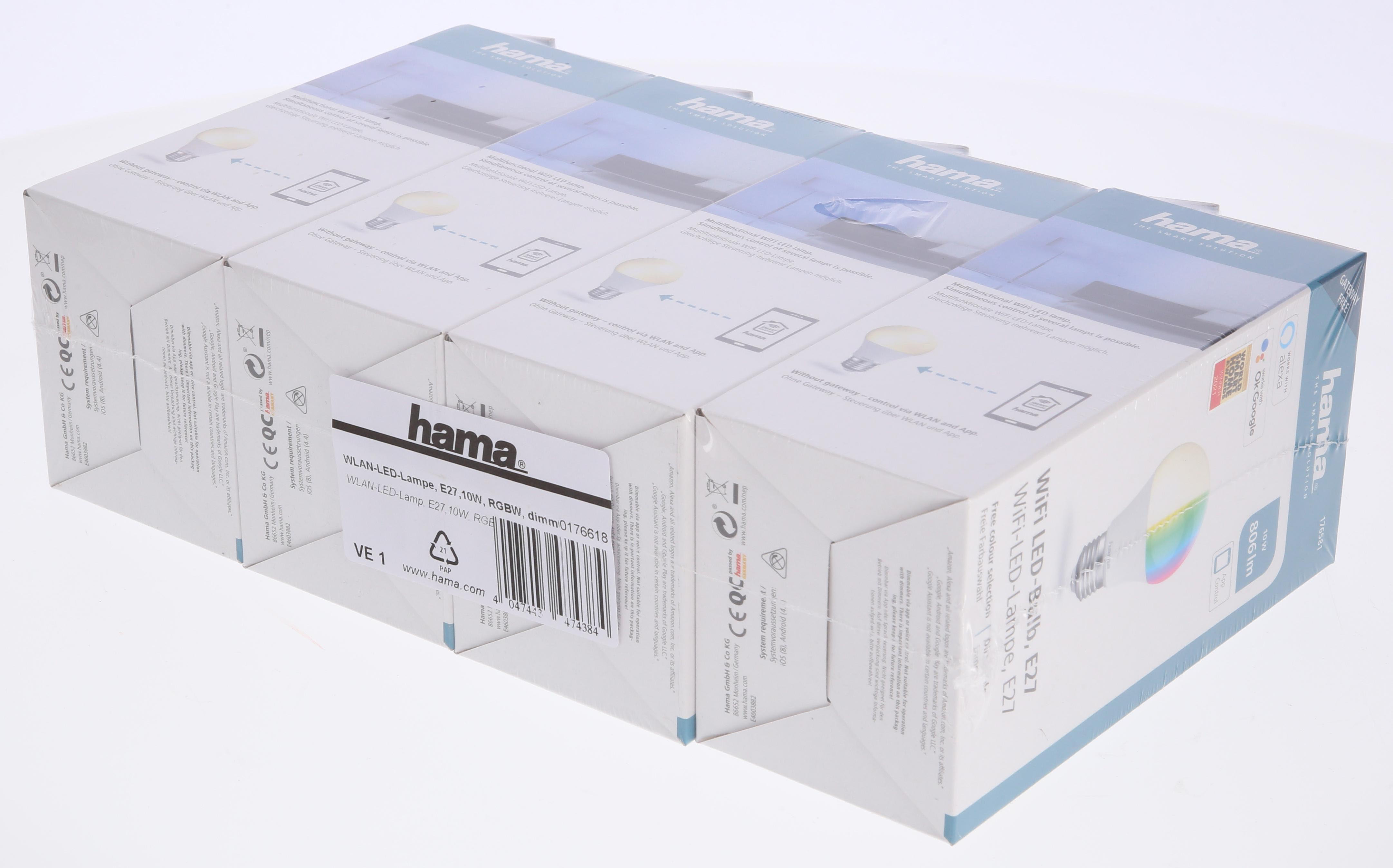 Mehrere Kartons mit Hama Wi-Fi LED-Lampen, die zusammen gestapelt sind und die Produktverpackung zeigen.