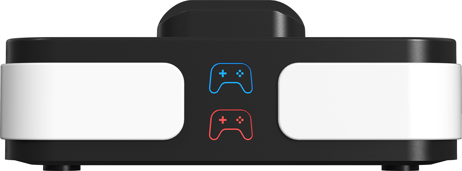 A black device with two white rectangles and two gamepad symbols, one blue and one red. Front view.