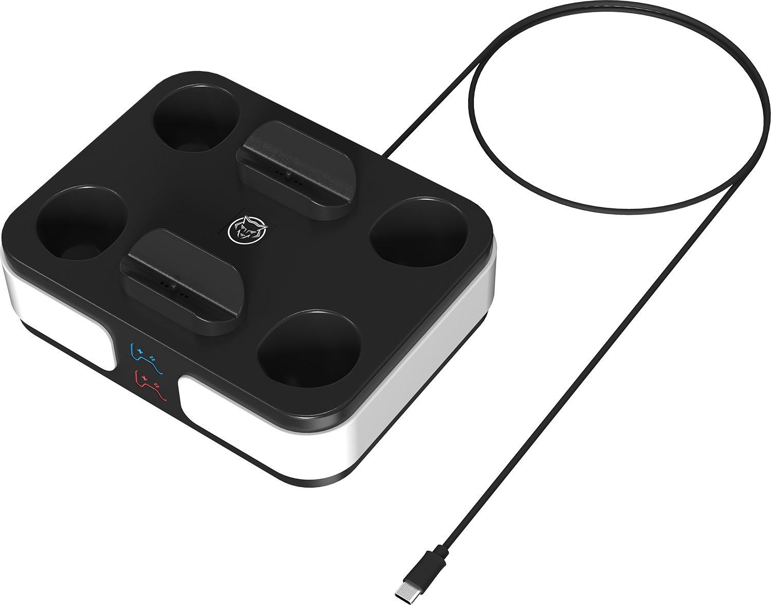 Black and white charging station with multiple slots and a cable.
