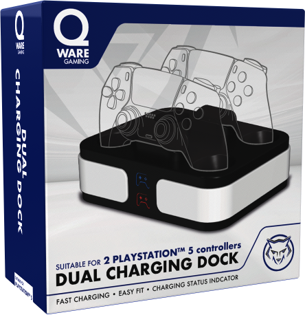 Dual charging dock for 2 PlayStation 5 controllers. Blue and red charging status lights.