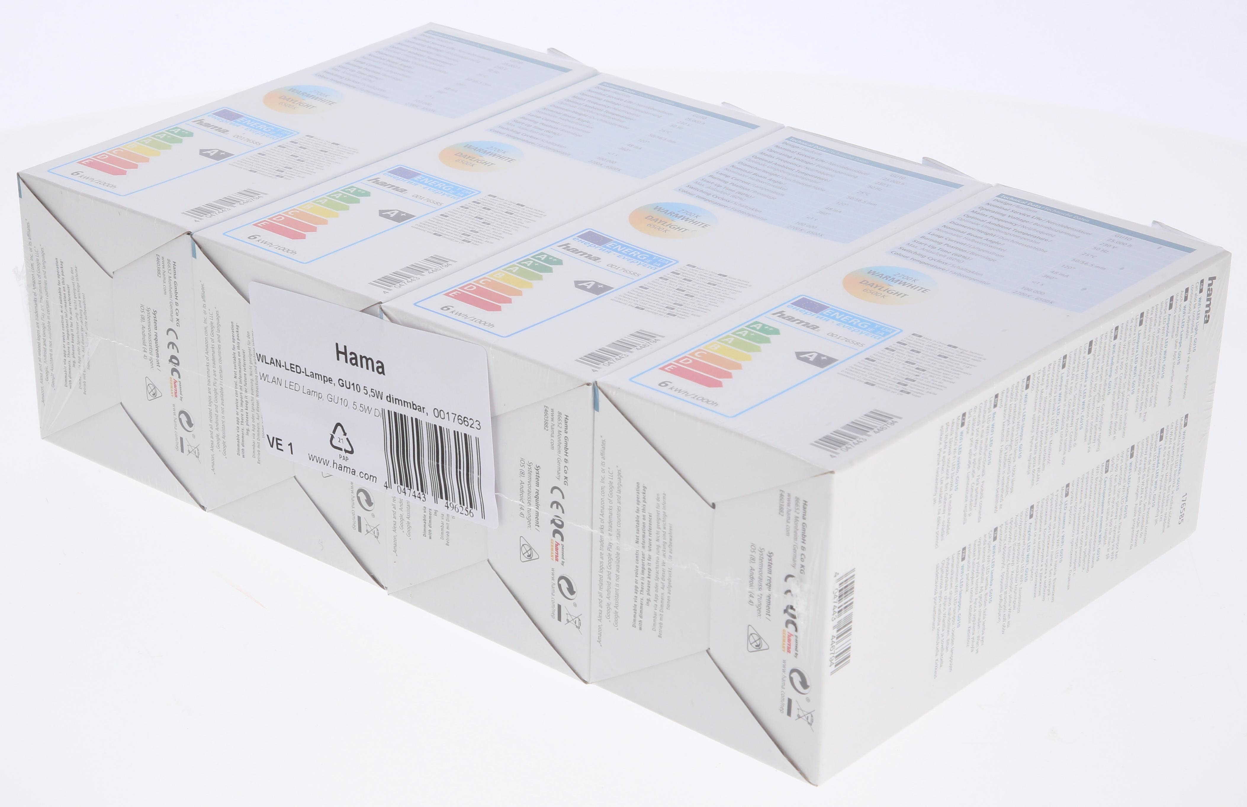 HAMA 4er Pack, GU10, 5.5 W, WLAN-LED Lampe Warmweiß bis Tageslicht