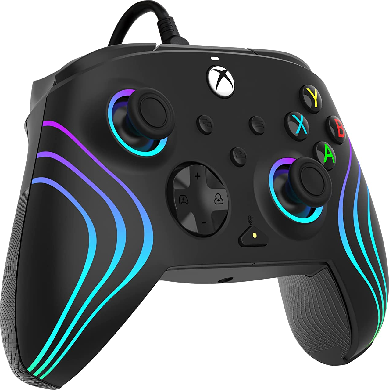 Controller Xbox nero con accenti di luce colorati, inclusi pulsanti e levette.