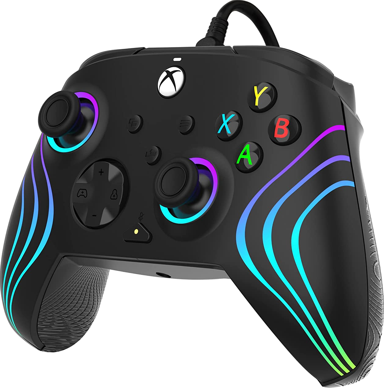 Controller Xbox nero con pulsanti e luci colorate.