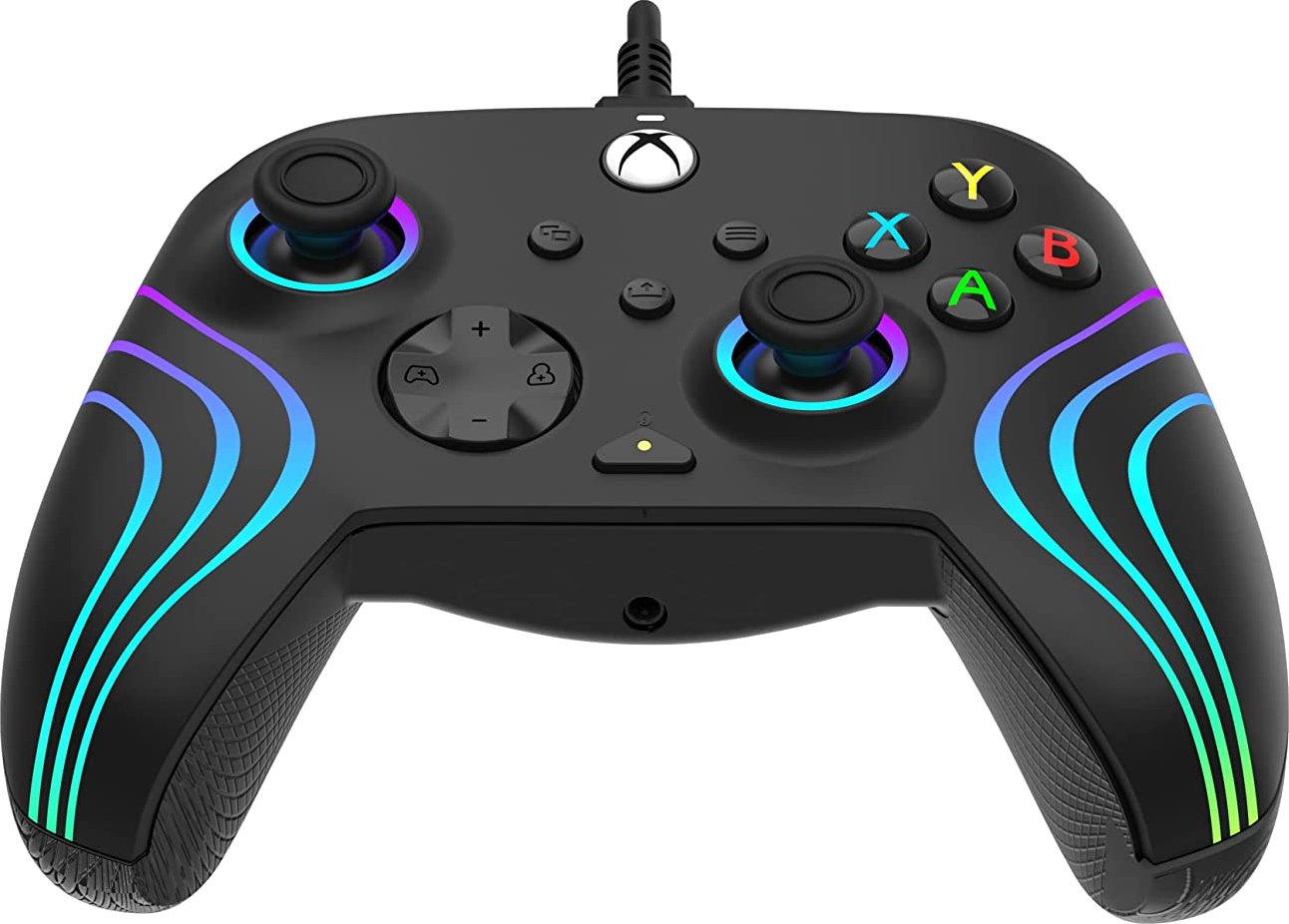 Un controller Xbox nero con luci e pulsanti colorati.