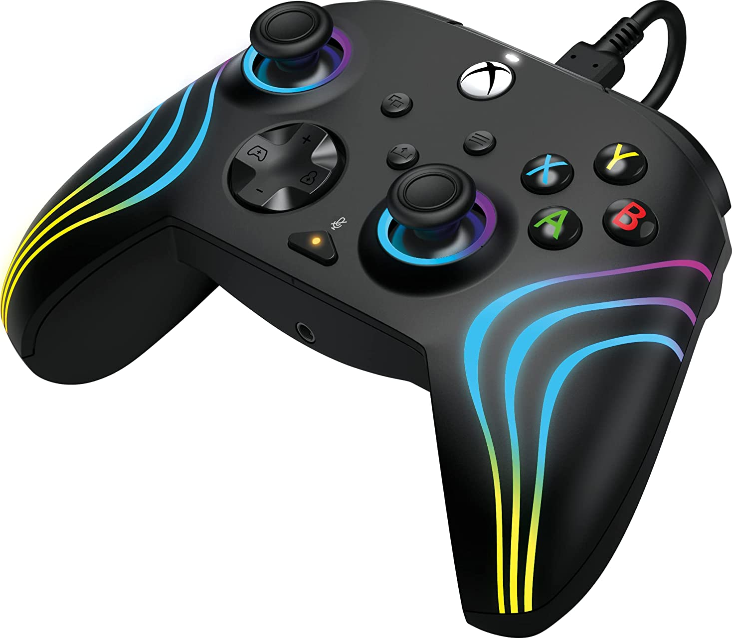 Controller Xbox nero con strisce di luce e pulsanti colorati. Connessione cablata.