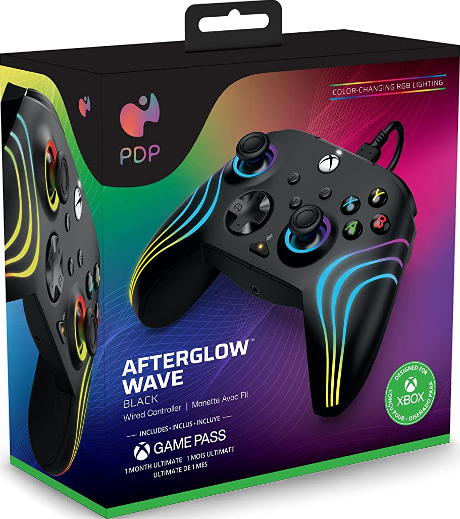 Un controller Xbox Afterglow Wave è mostrato nella sua scatola, con motivi di luce colorati.