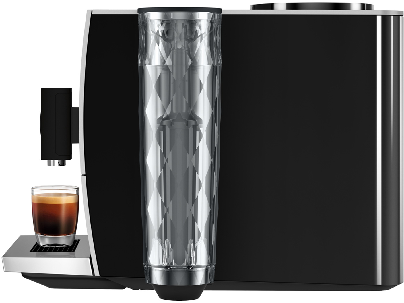 L'image montre une machine à café noire avec un verre de café.