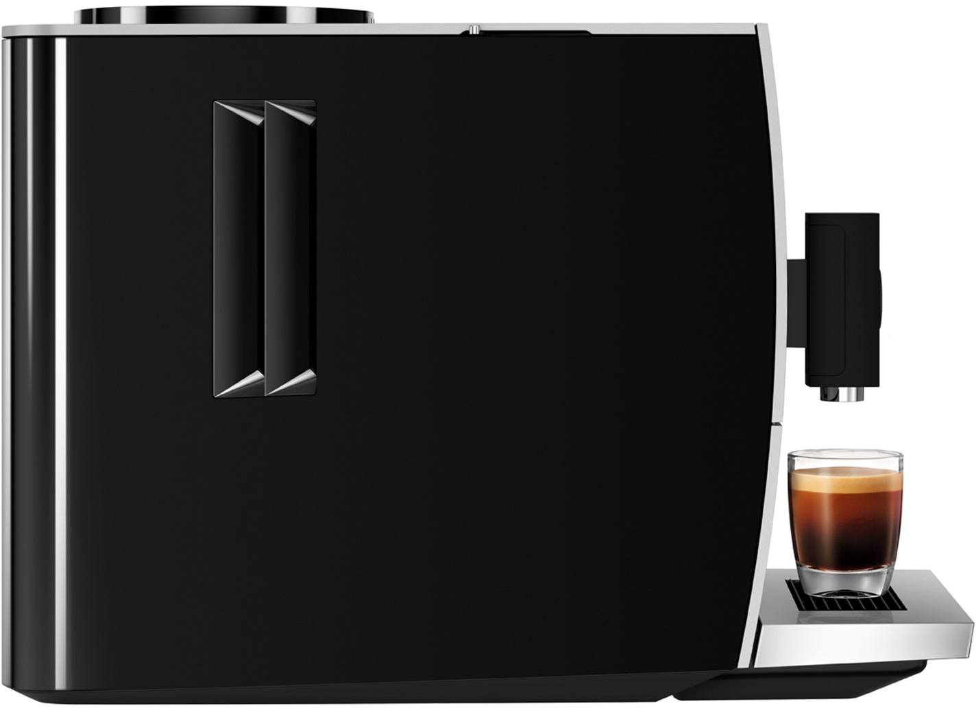 Machine à expresso noire, verre de café.