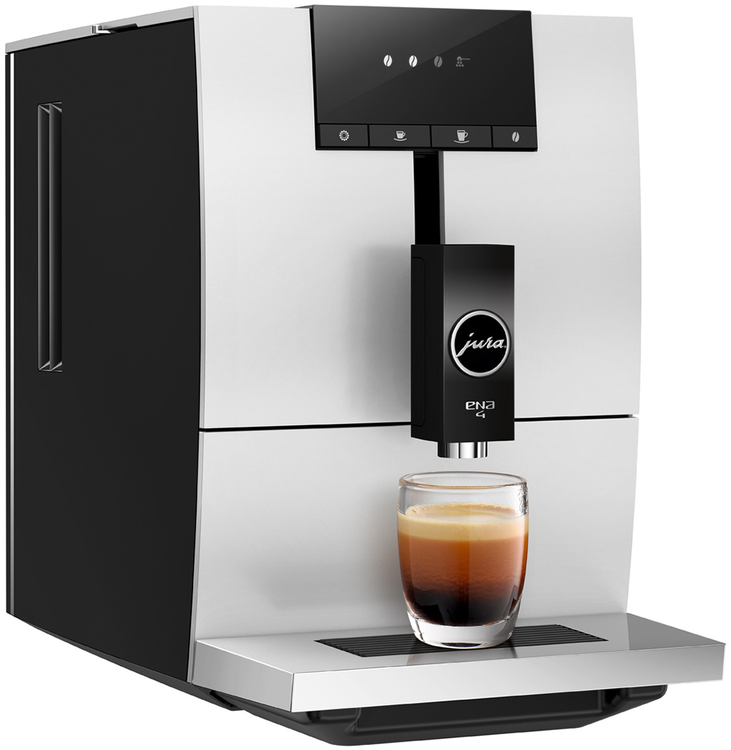 Une machine à expresso blanche et noire avec un verre de café sous le bec verseur.