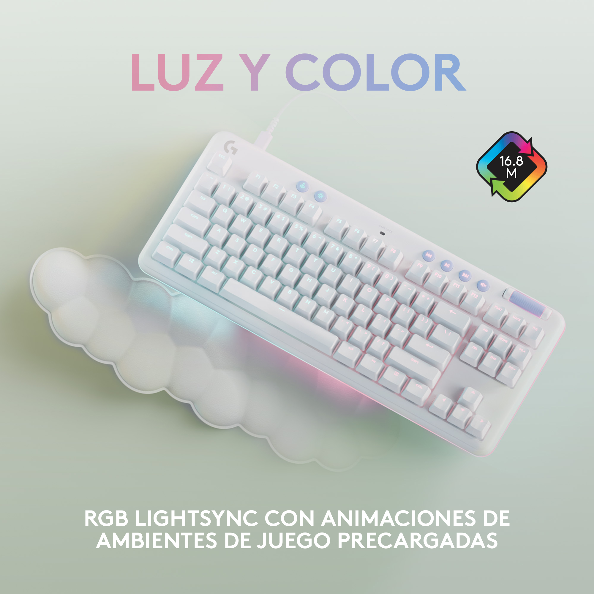 Teclado blanco con iluminación RGB, reposamuñecas en forma de nube y un logotipo colorido.