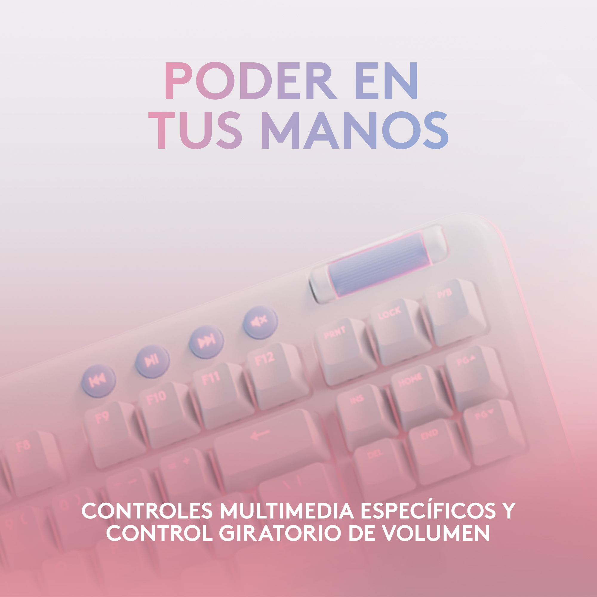 Un teclado con teclas rosas y blancas. El texto 'PODER EN TUS MANOS' está en la parte superior.