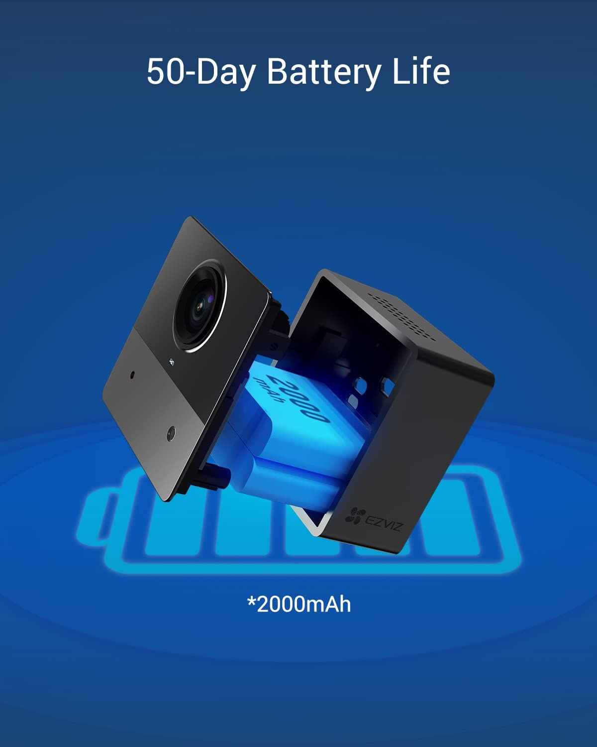 Caméra de sécurité noire avec batterie bleue et texte.