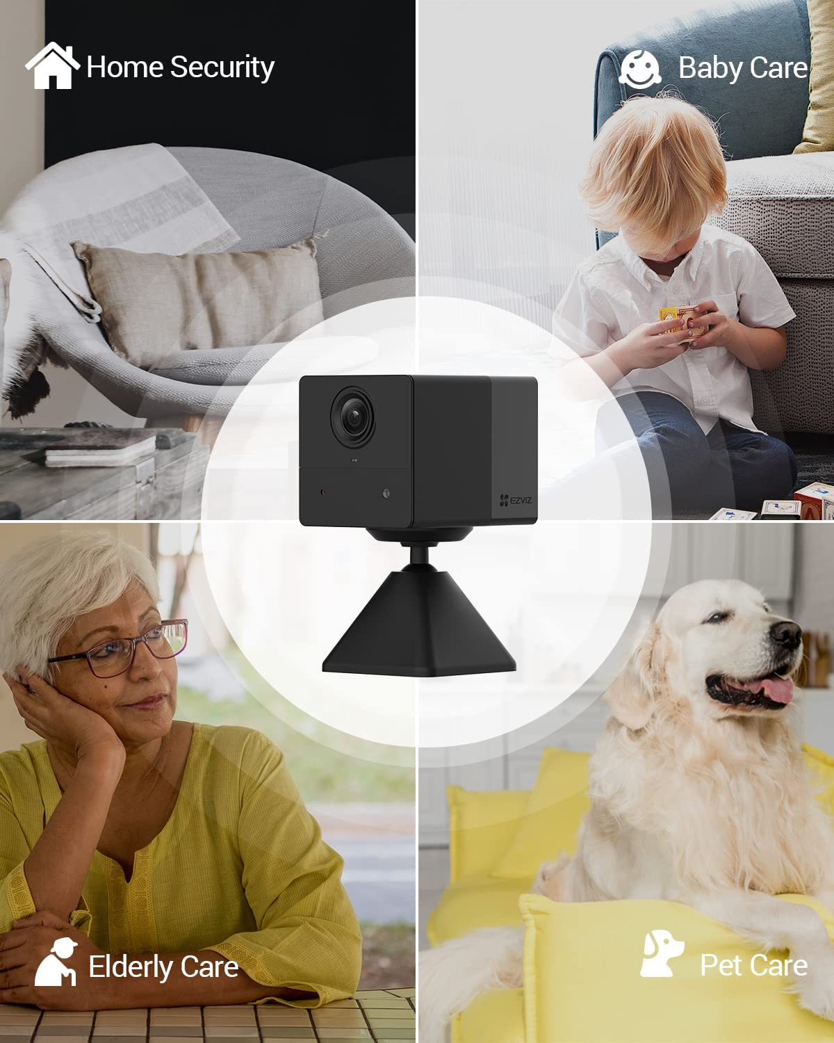 Une caméra de sécurité sur un support, entourée d'images représentant la maison, le bébé, l'animal de compagnie et les personnes âgées.
