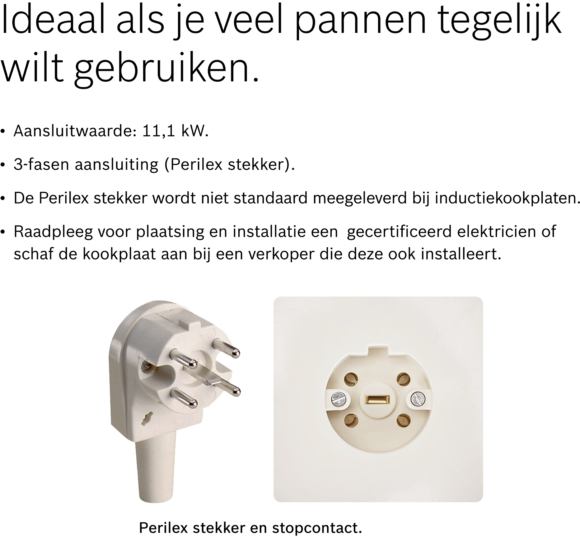 Close-up of a white Perilex plug and socket, showing the prongs and holes.