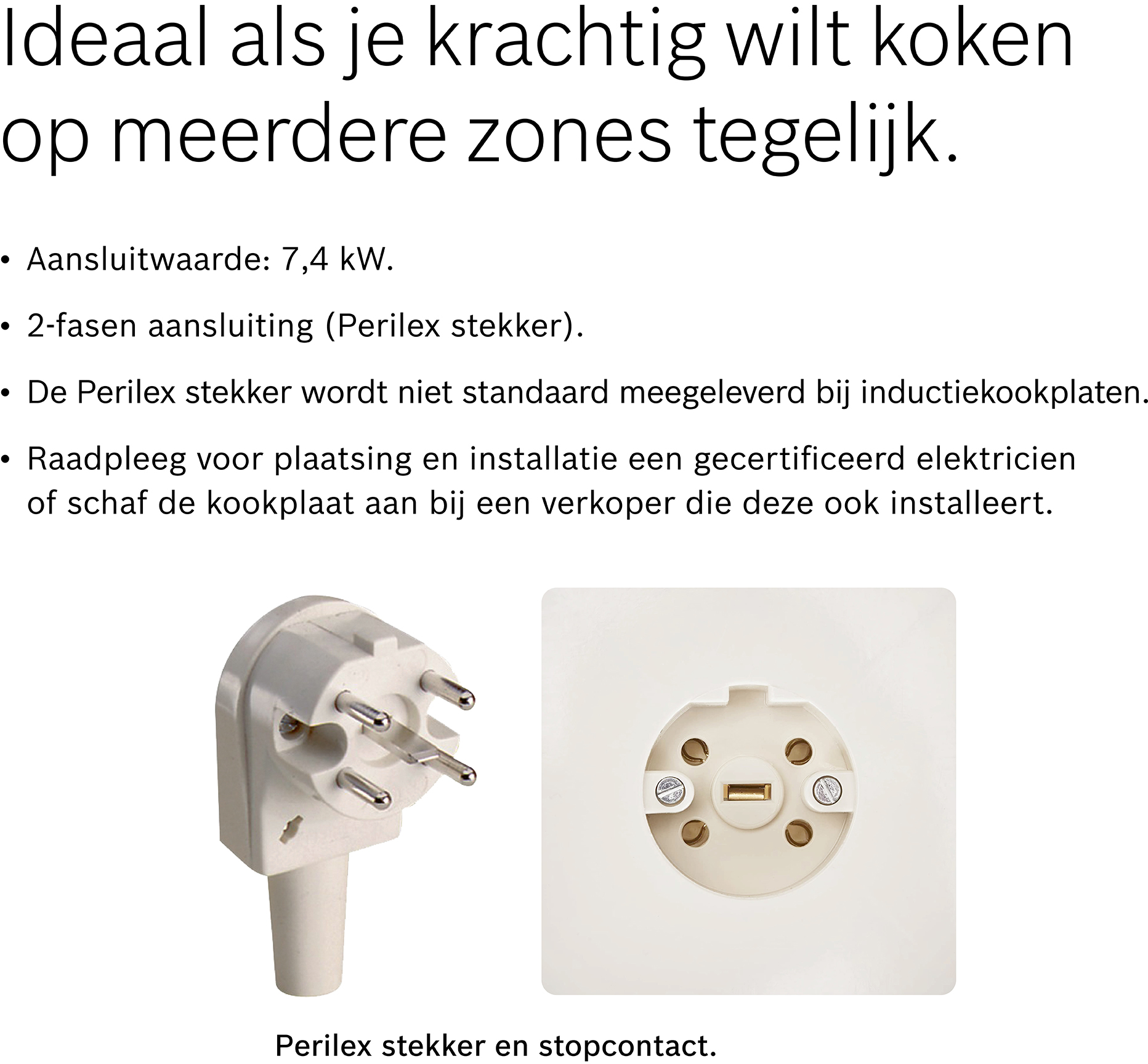 Elektrische stekker en stopcontact. Nederlandse tekst over apparaatvoeding.