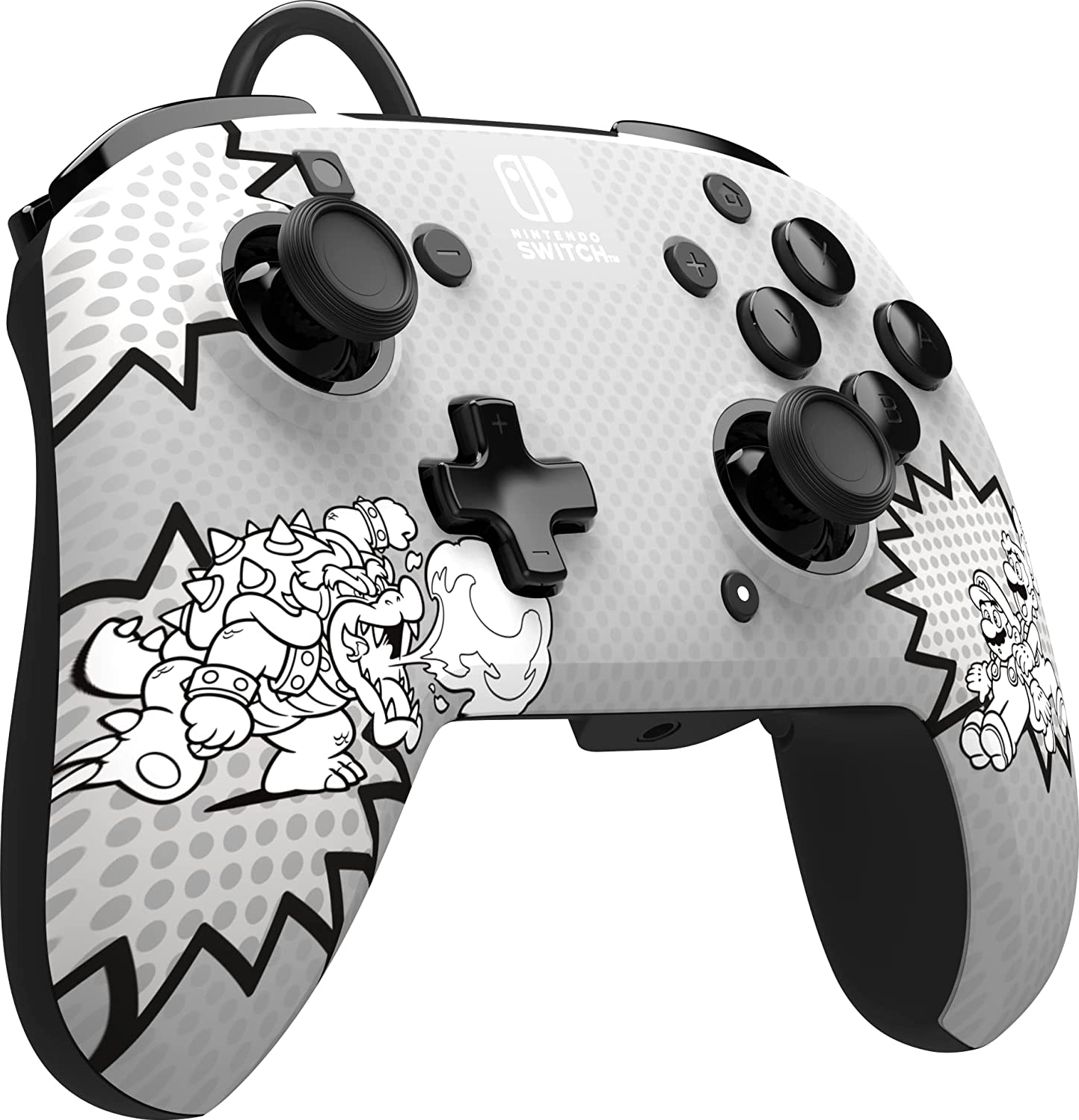 Nintendo Switch Controller mit Mario- und Bowser-Grafiken, weißer Hintergrund.