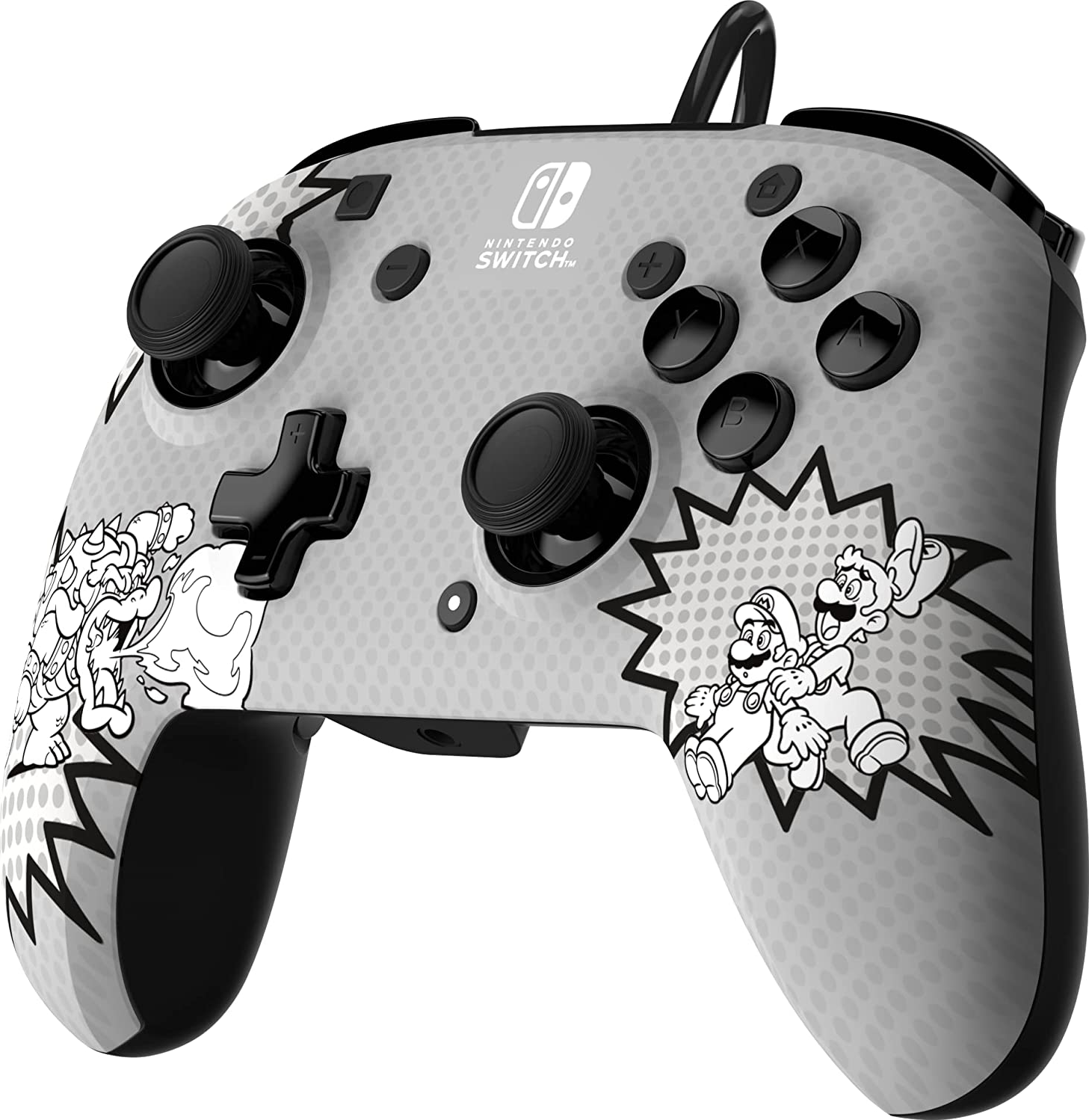 Nintendo Switch-Controller, grau mit Mario- und Luigi-Design, schwarze Knöpfe, weißer Hintergrund.