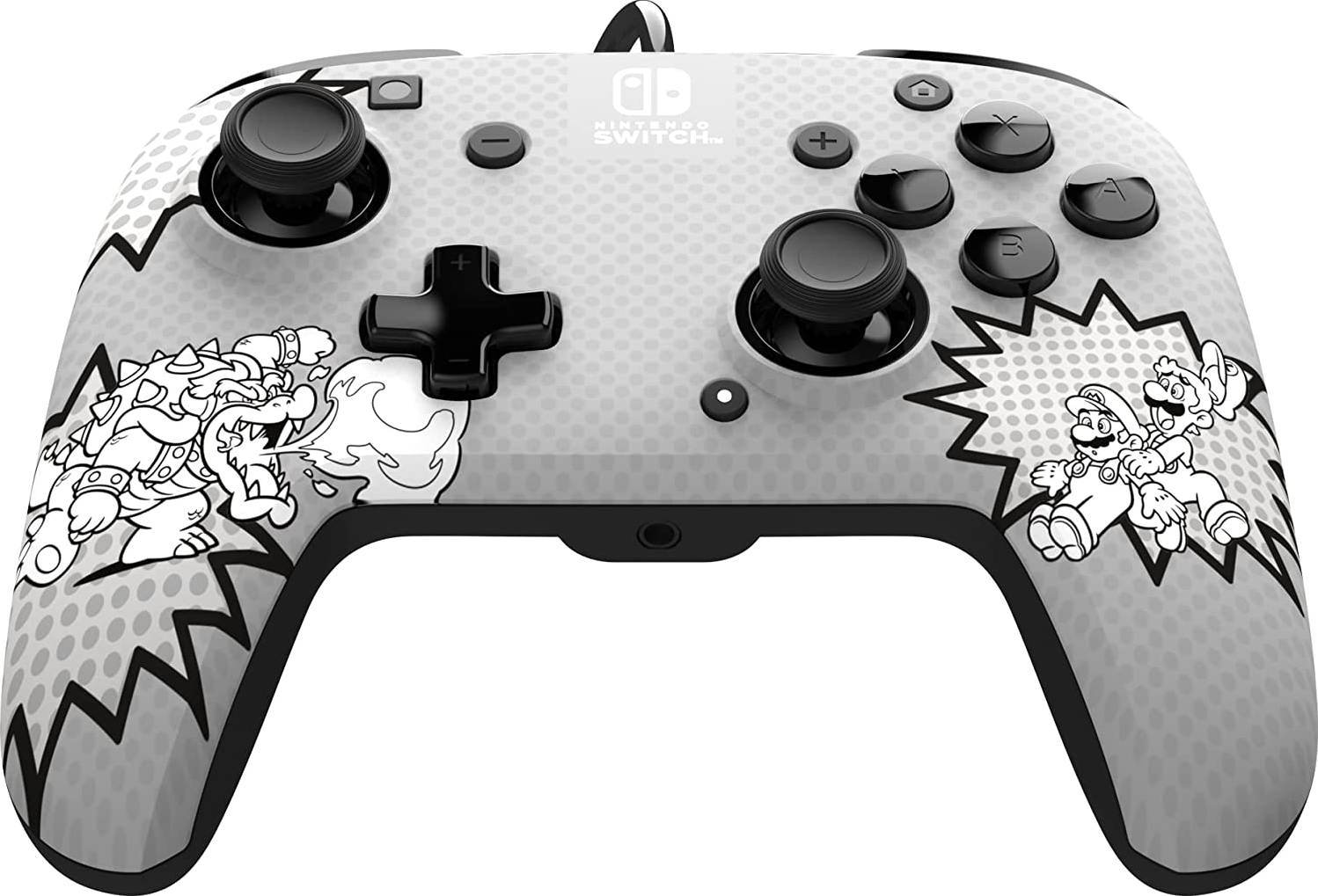 Nintendo Switch-Controller mit Mario- und Bowser-Grafiken auf grau-weißem Design.