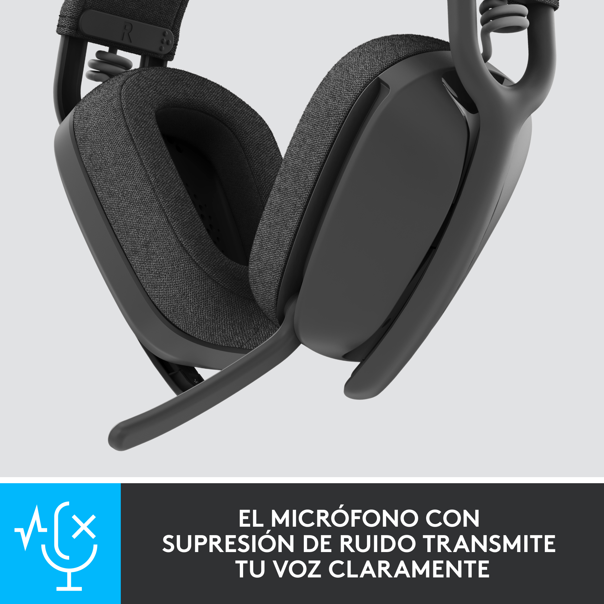 Auriculares para juegos con micrófono. Texto: "EL MICRÓFONO CON SUPRESIÓN DE RUIDO TRANSMITE TU VOZ CLARAMENTE."