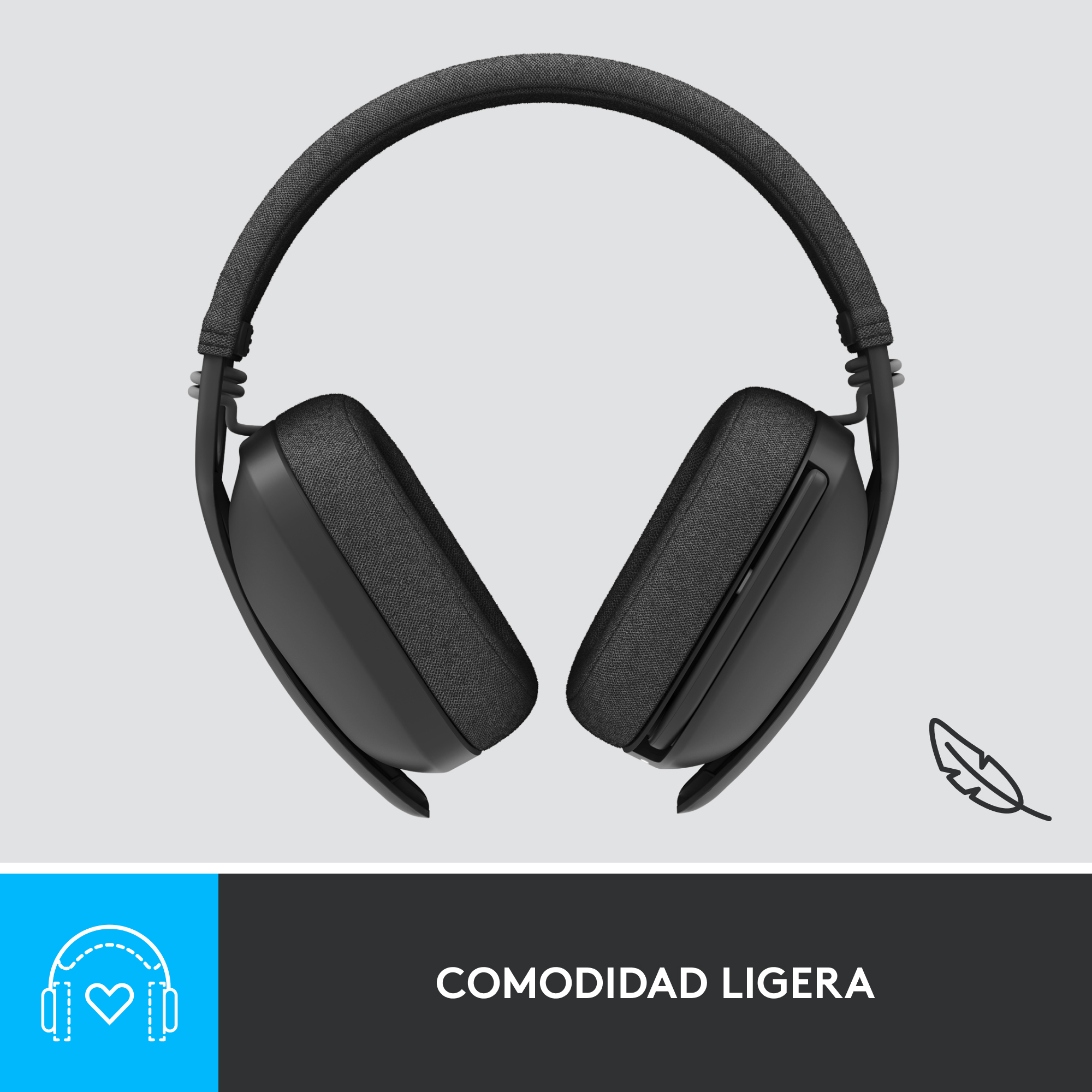 Auriculares negros con diadema acolchada, sobre superficie gris claro, con icono de pluma.