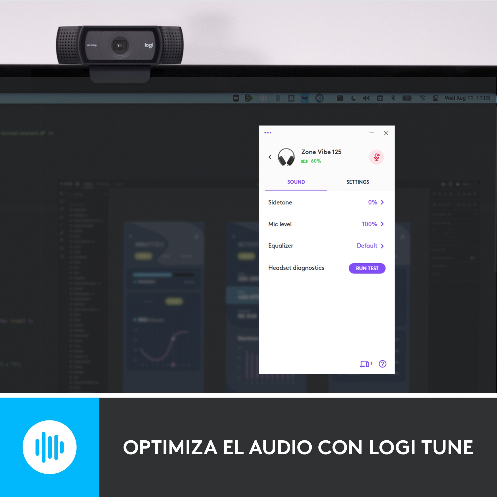 Cámara web sobre pantalla con menú de ajustes, texto español.