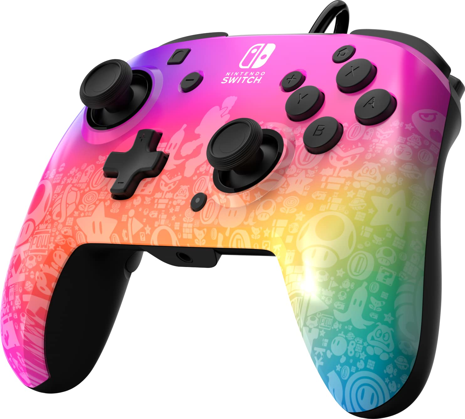 Controller Nintendo Switch colorato con pulsanti e icone.