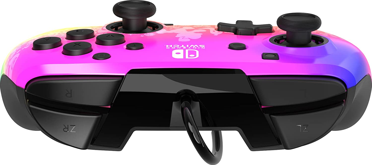 Un controller Nintendo Switch con una sfumatura rosa e viola. Ha pulsanti e joystick.