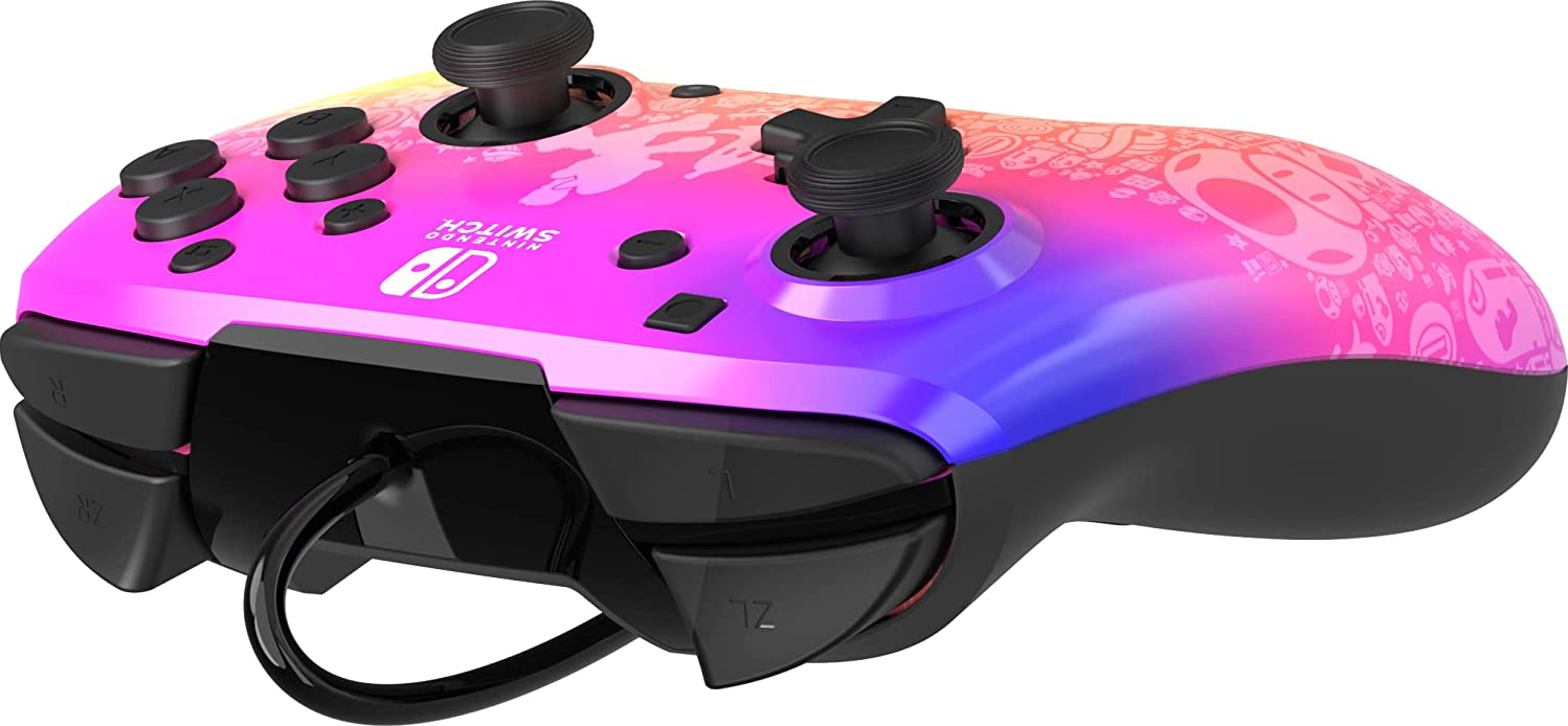 Un controller Nintendo Switch colorato, vista laterale.