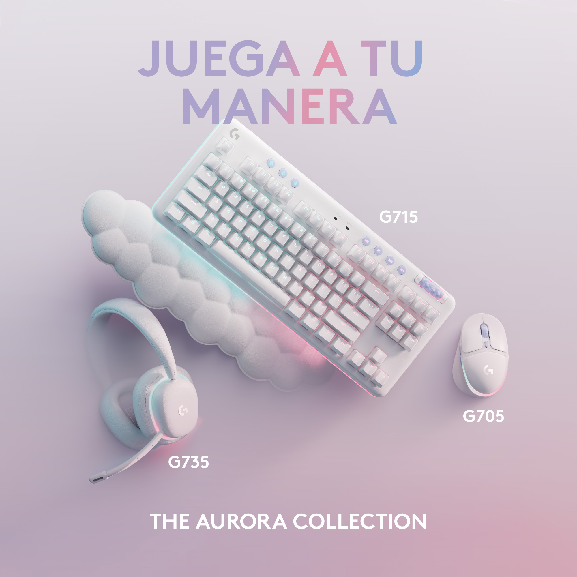 Configuración de juego blanca con auriculares, teclado y ratón, todo sobre un gradiente.