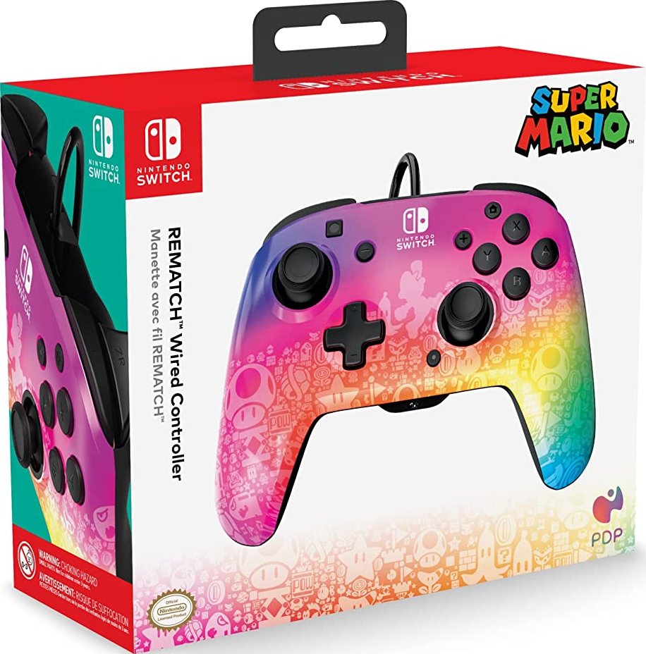 Controller Nintendo Switch colorato in una scatola a tema 'Super Mario'.