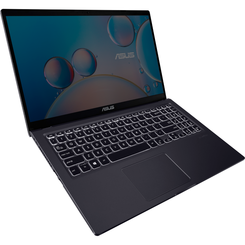 Asus dizüstü bilgisayar, açık, açılı görünüm. Gri gövde, beyaz arkadan aydınlatmalı klavye, ekran soyut sanat gösteriyor.
