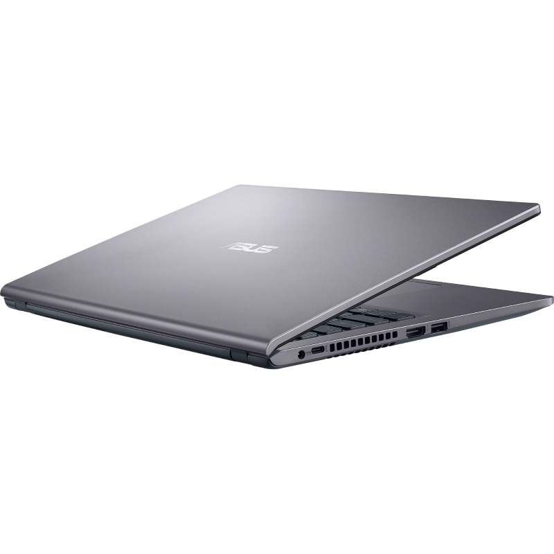 Asus dizüstü bilgisayar, gümüş renk, hafif açık, sola doğru açılı. Klavyeyi ve bağlantı noktalarını görebilirsiniz.