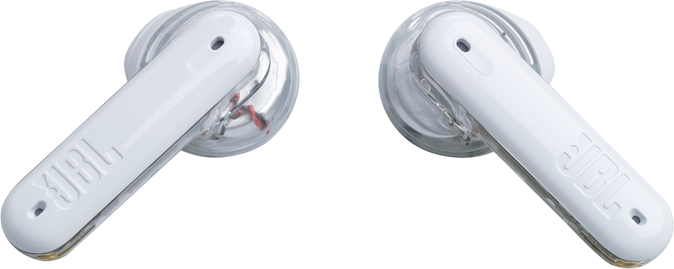 Zwei weiße JBL-Ohrhörer. Klare Spitzen. JBL-Logo auf dem Griff. Transparente Akzente.