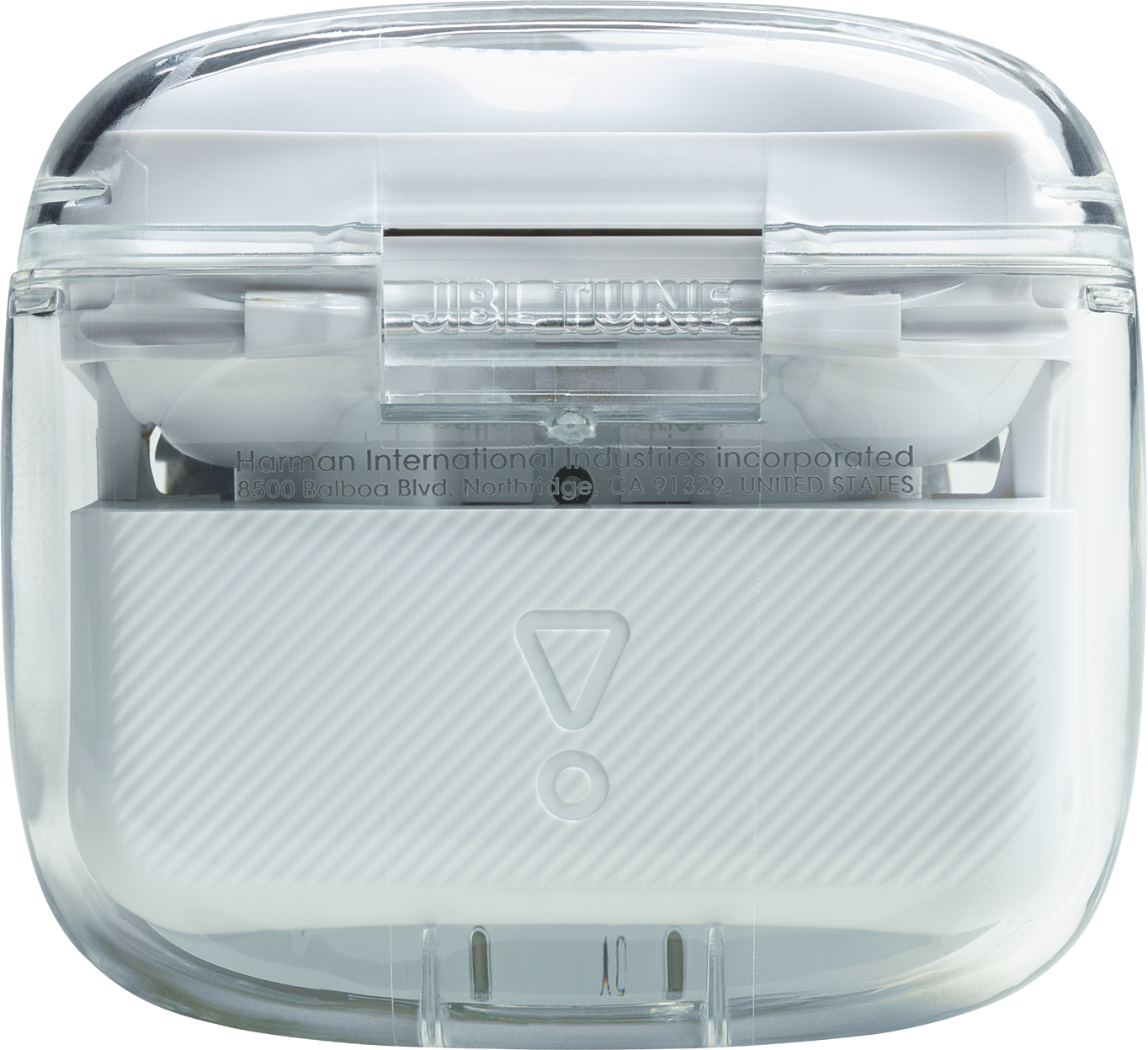 Weißes JBL TUNE-Case mit transparentem Deckel. Das Case hat den Markennamen darauf.