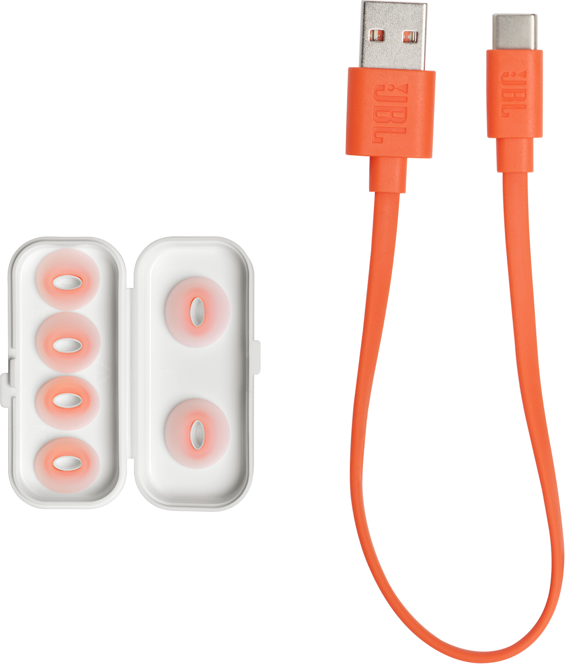 JBL Ohrhörer, zusätzliche Ohrstöpsel und ein orangefarbenes USB-C-Ladekabel, alles auf weißem Hintergrund.