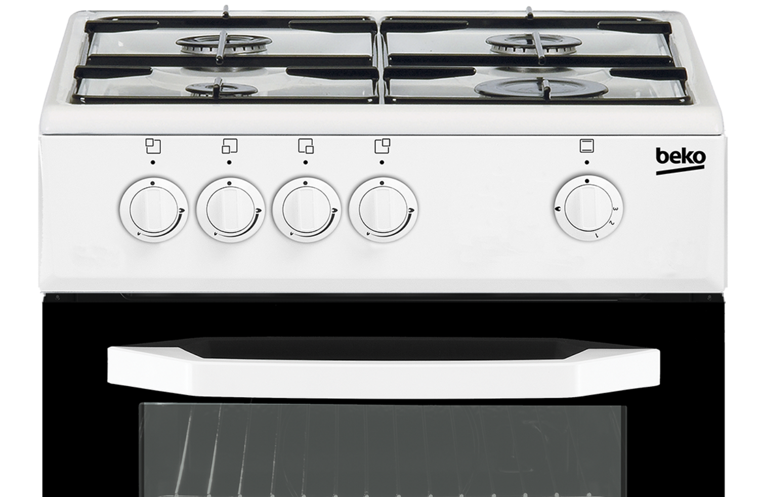 Horno Beko blanco con cuatro quemadores y mandos.