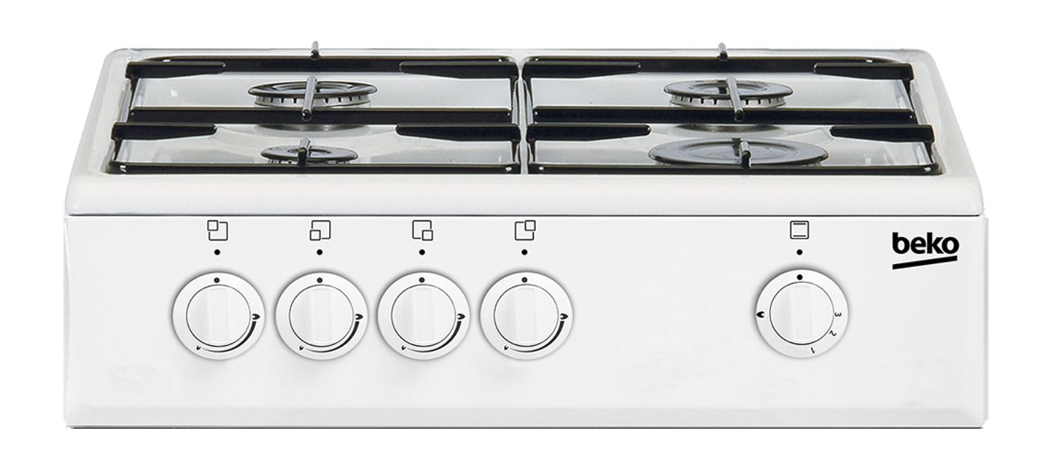 Una estufa Beko blanca con cuatro quemadores. El fondo es blanco liso.