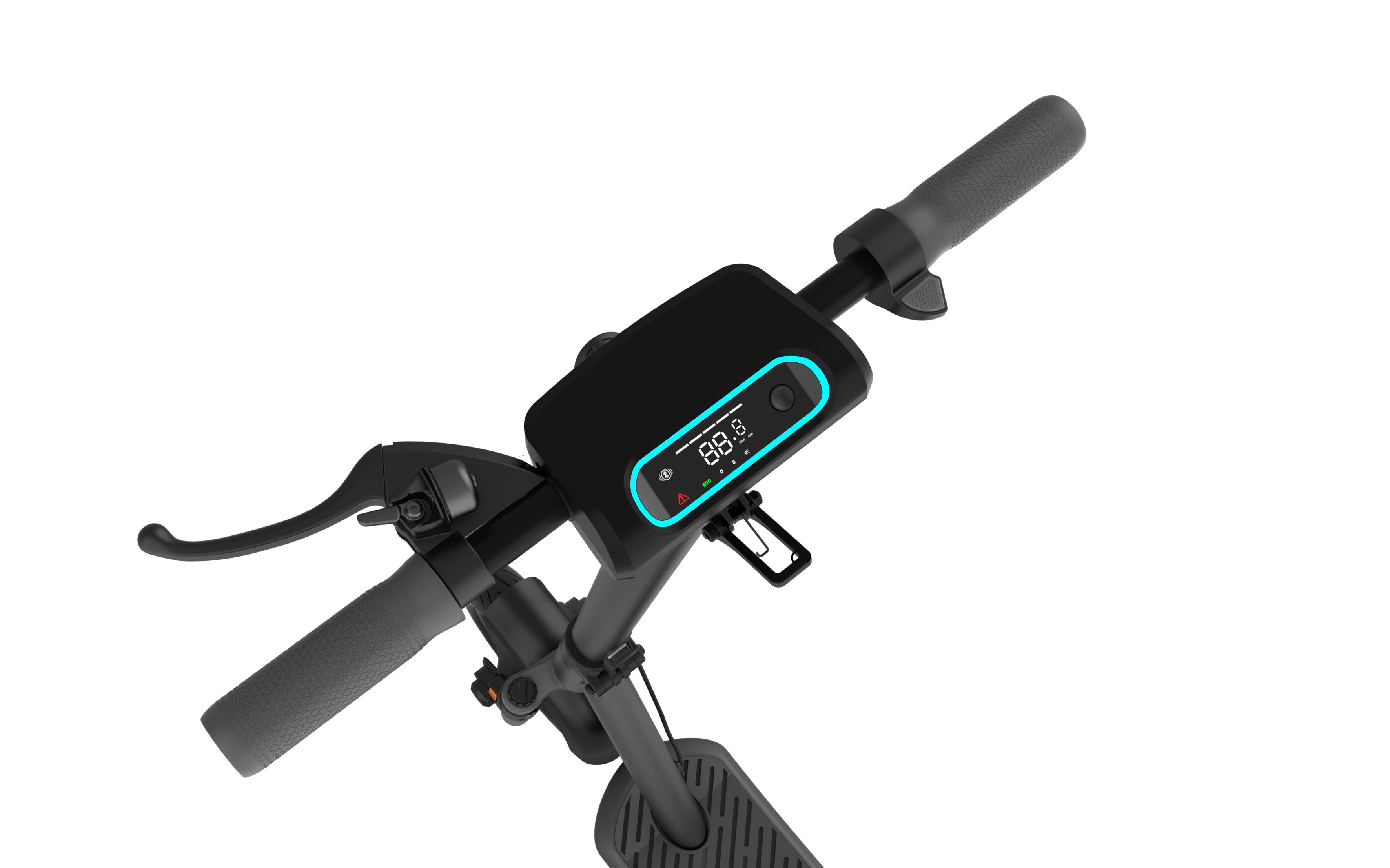 Schwarzer Rollerlenker mit Display, das Geschwindigkeit und Batterie anzeigt. Weißer Hintergrund.