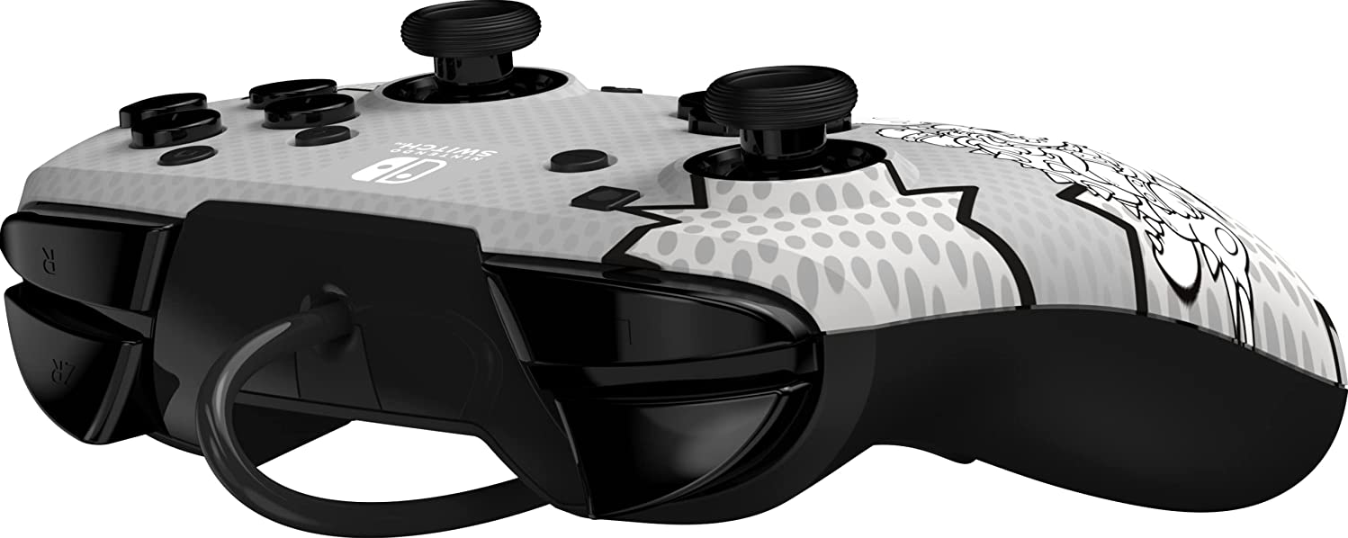 Weißer und schwarzer Switch-Controller mit gemustertem Design.