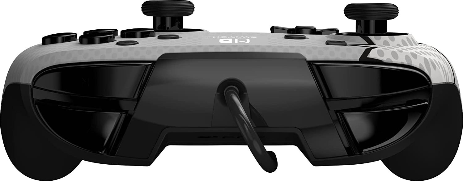 Grauer und schwarzer Gamecontroller für Nintendo Switch. Nahaufnahme der Rückseite.